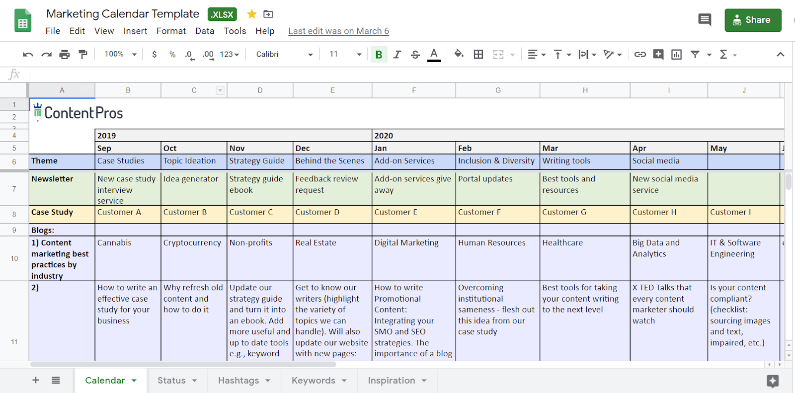 content calendar / editorial calendar