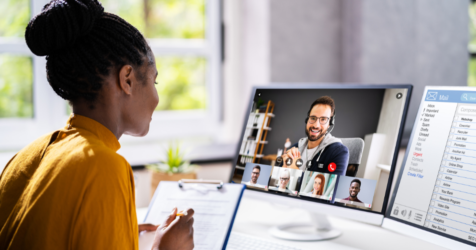A woman interviewing a client on a video call for a case study