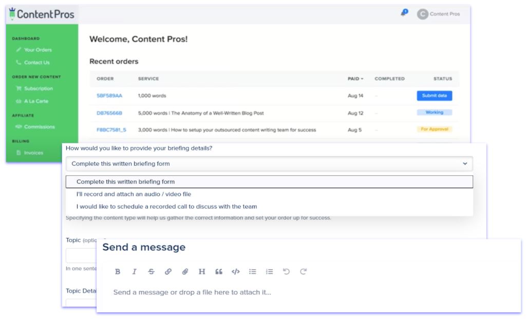 A screenshot of the Content Pros client portal.