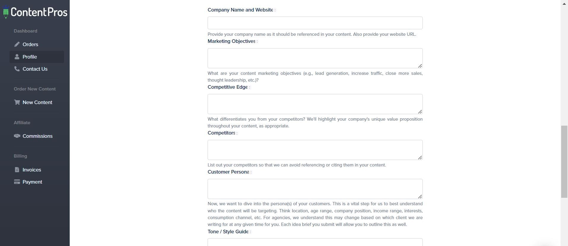 Screenshot of Content Pros onboarding form.