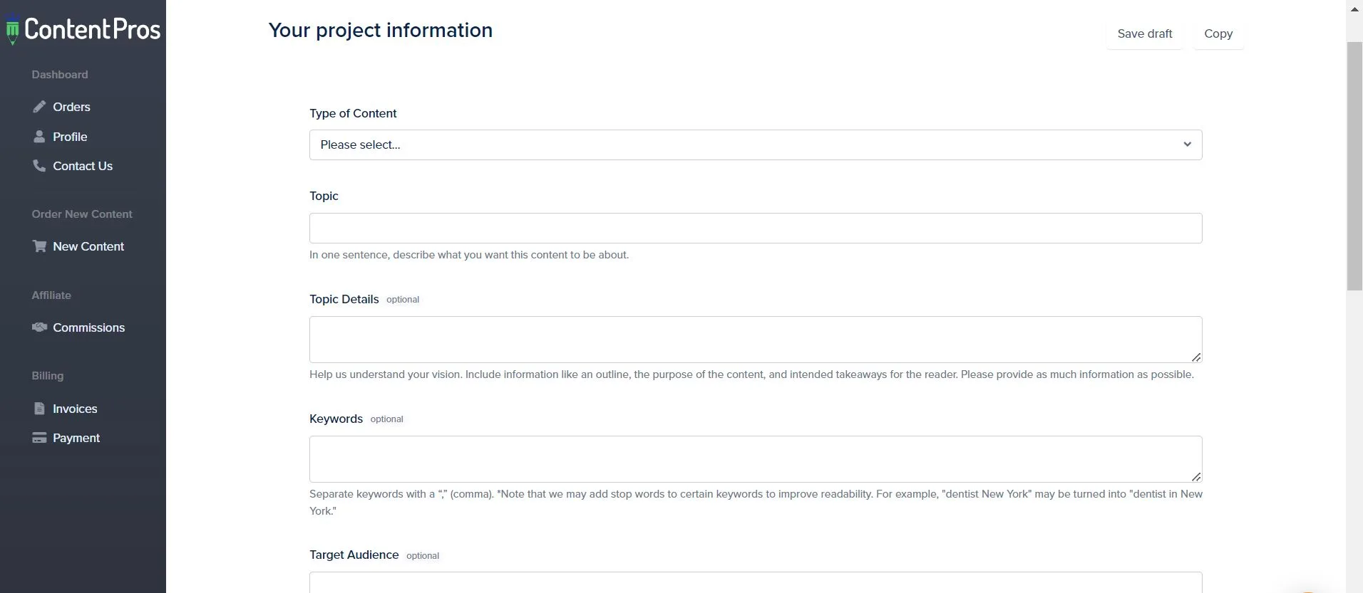 A screenshot of the Content Pros briefing form.