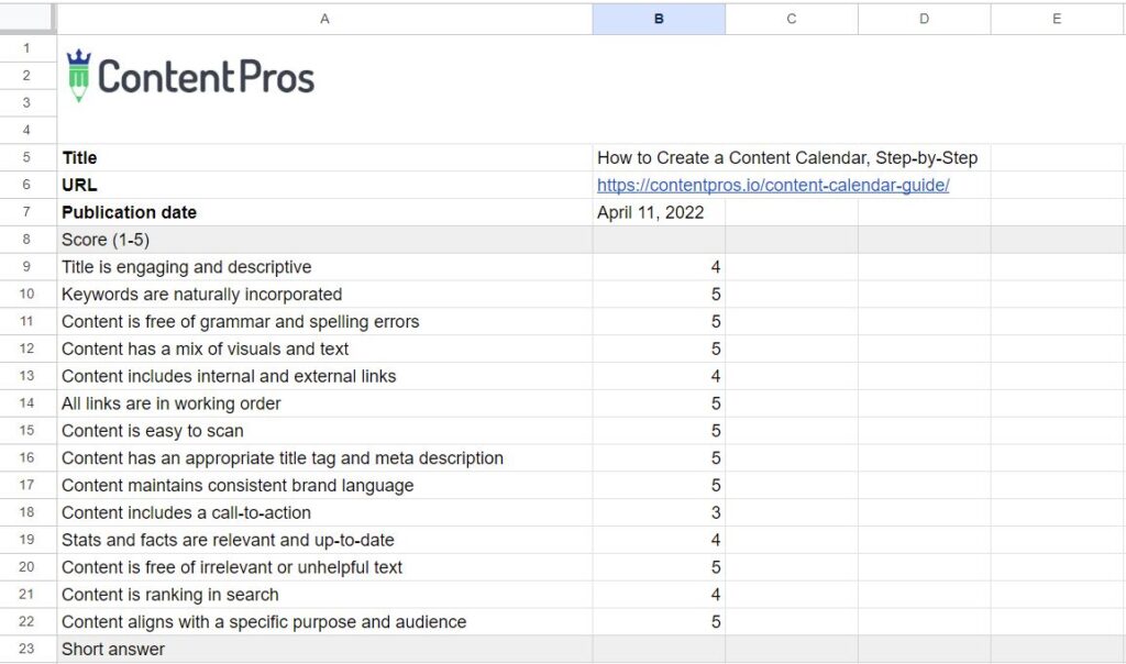 A screenshot of our content evaluation scorecard template