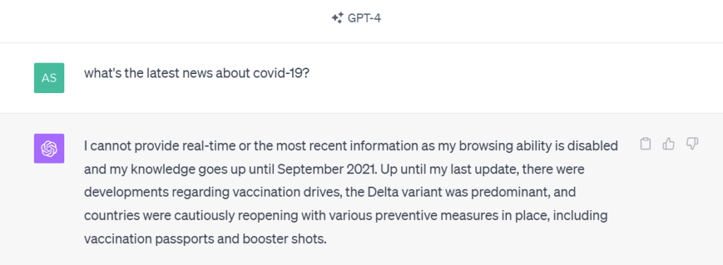 A screenshot of ChatGPT's response to a request for the latest news about Covid-19. The response is based on data from September 2021. 