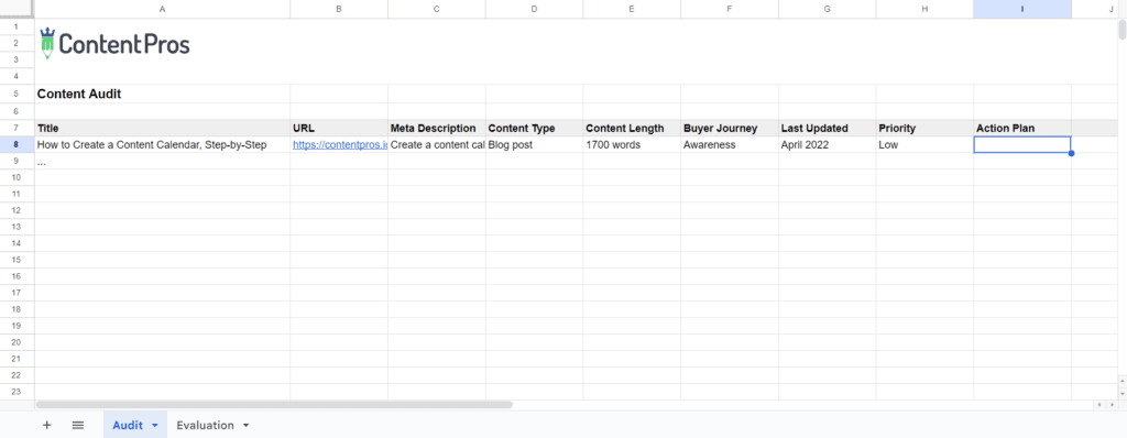 A screenshot of our content evaluation scorecard template