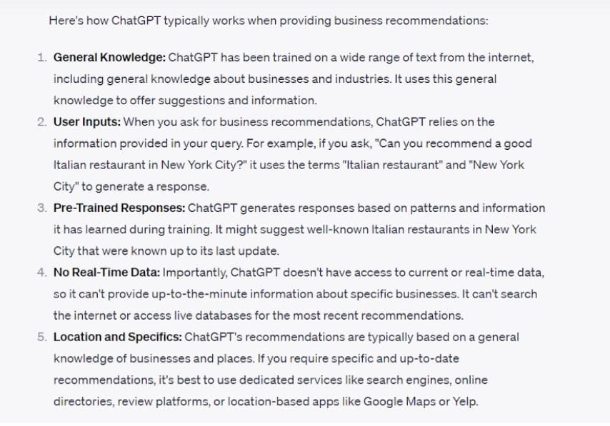 Screenshot of ChatGPT's response to, "how do you make business recommendations?"