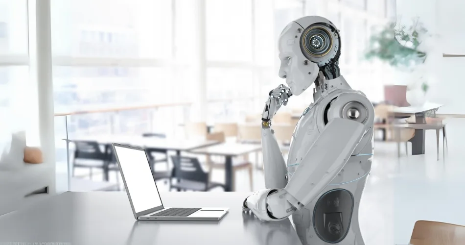 A robot searching on a laptop