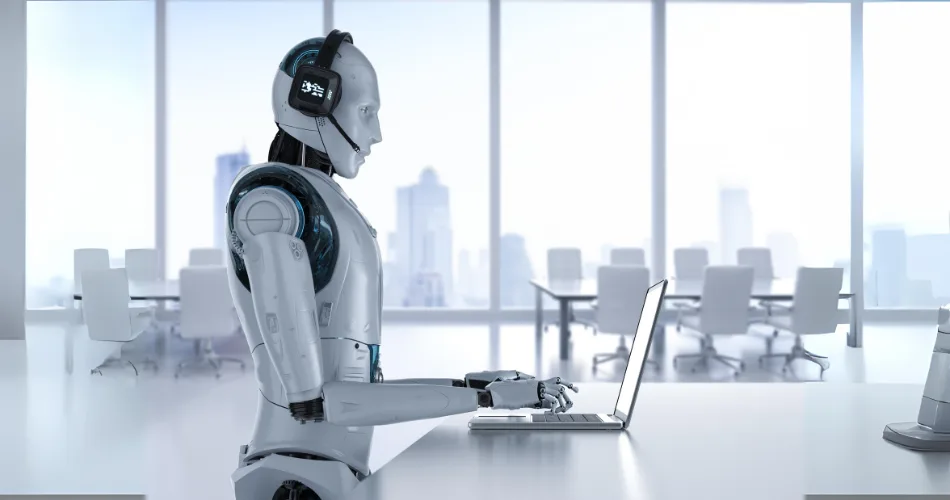 A robot typing on a laptop
