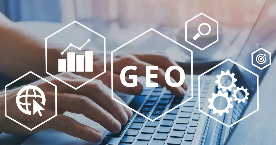 A person typing on a keyboard with GEO and search engine-related graphics overlaid