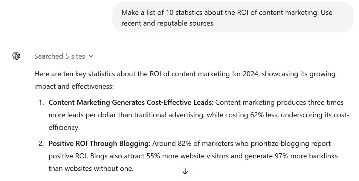 A screenshot of ChatGPT results for the prompt, "Make a list of 10 statistics about the ROI of content marketing." The results do not have sources.