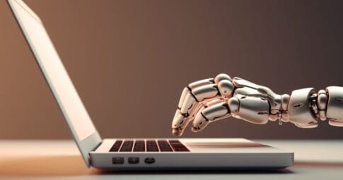 A robot typing on a laptop representing AI-generated content writing