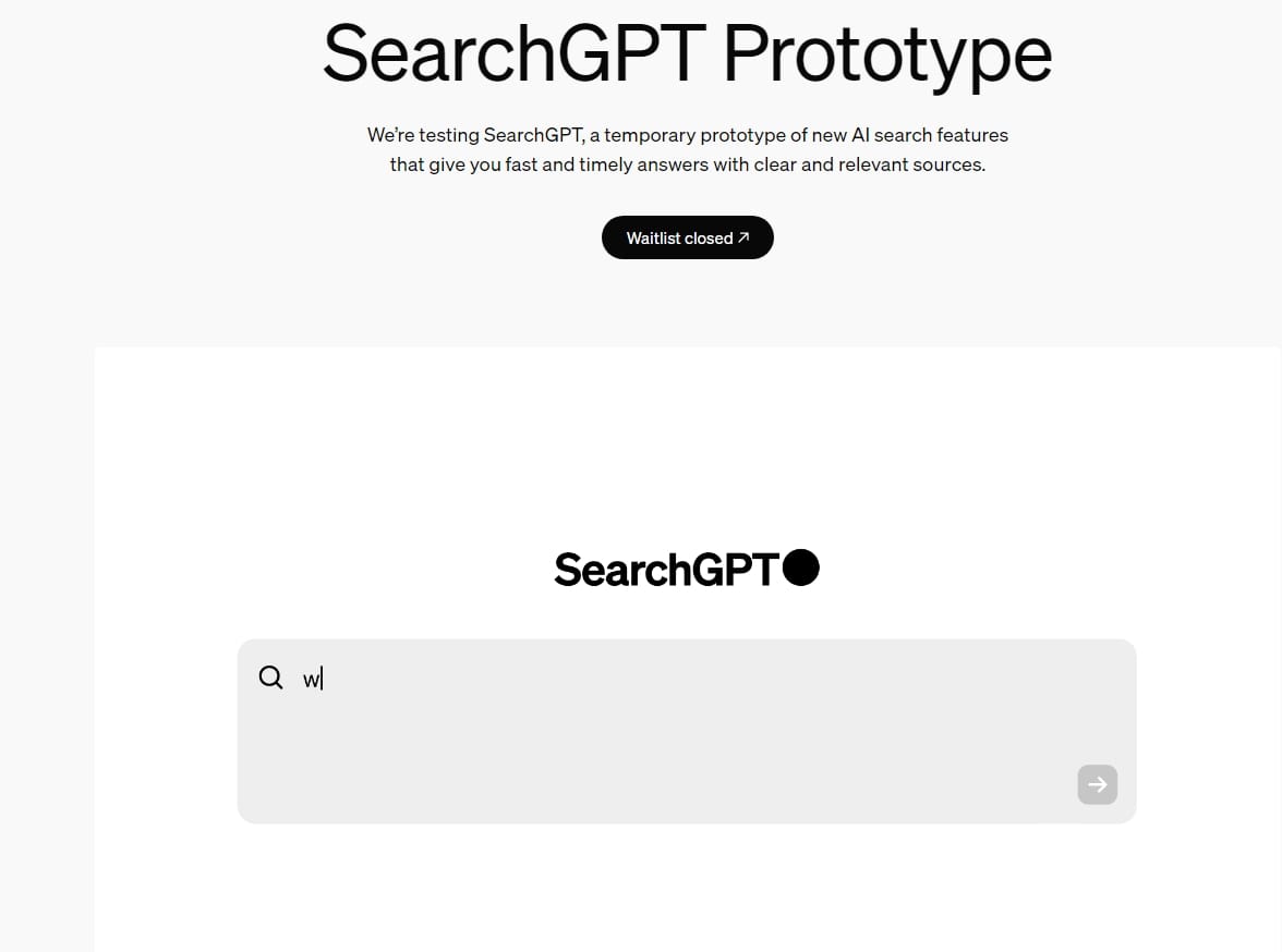 A screenshot of SearchGPT's prototype page